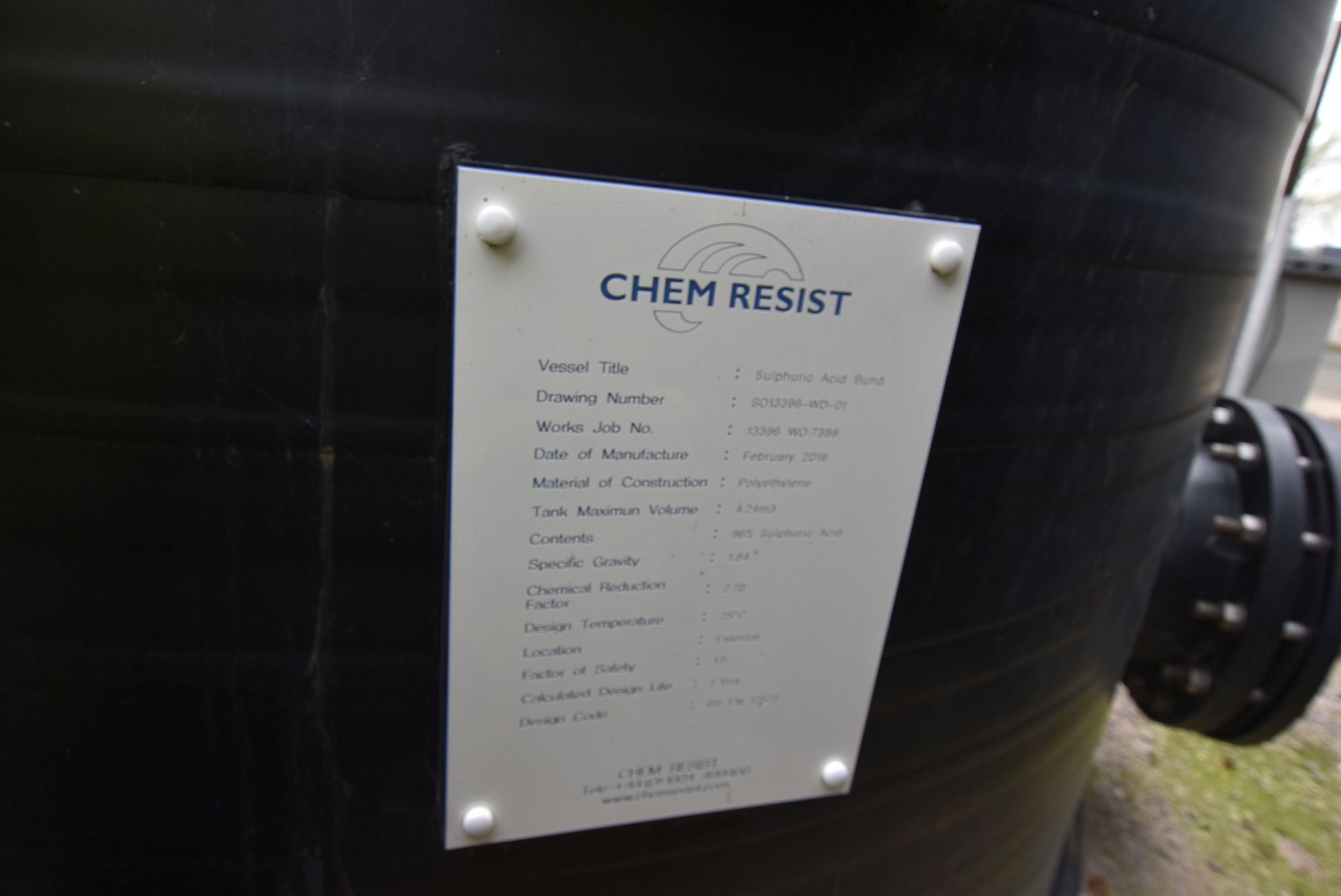 Chem Resist BUNDED SULPHURIC ACID STORAGE TANK, working volume 3,300 litres, year of manufacture Feb - Image 6 of 7