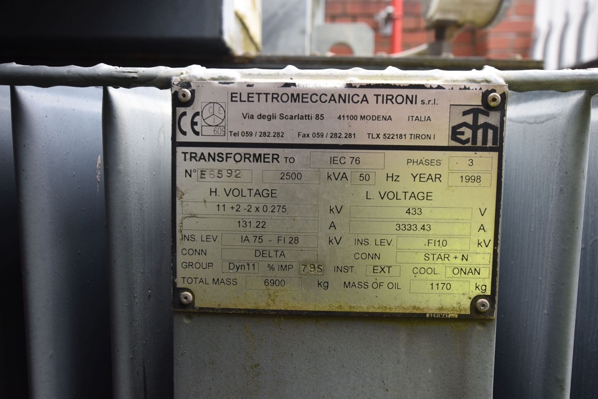 Elettromeccanica Tironi 2500kVA TRANSFORMER, serial no. E6592, year of manufacture 1998 (There - Image 4 of 4