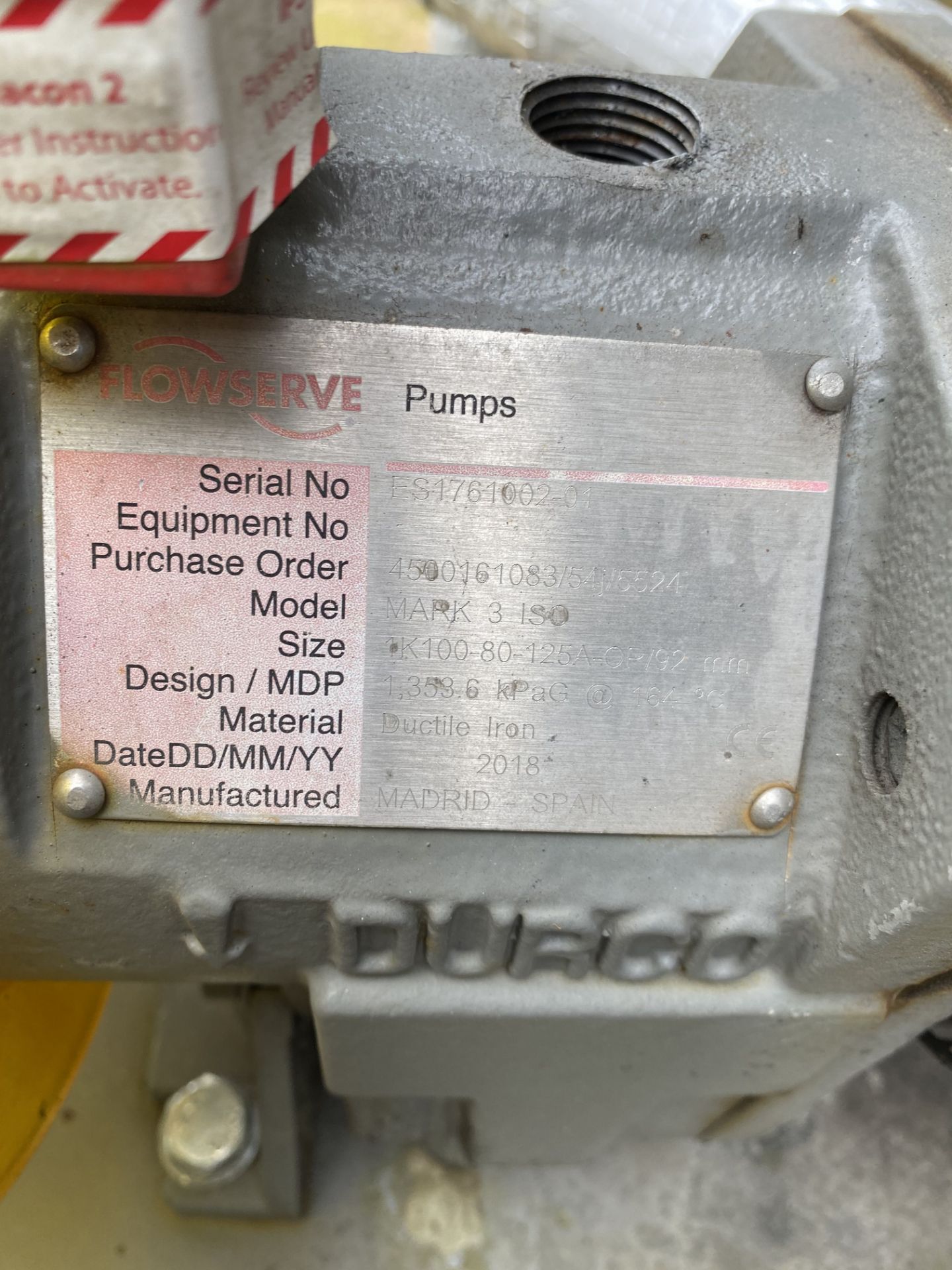 Flowserve 1K100-80-125A-OP/92mm Pump, serial no. ES1761002-01, model MARK3 ISO, year of - Image 5 of 5