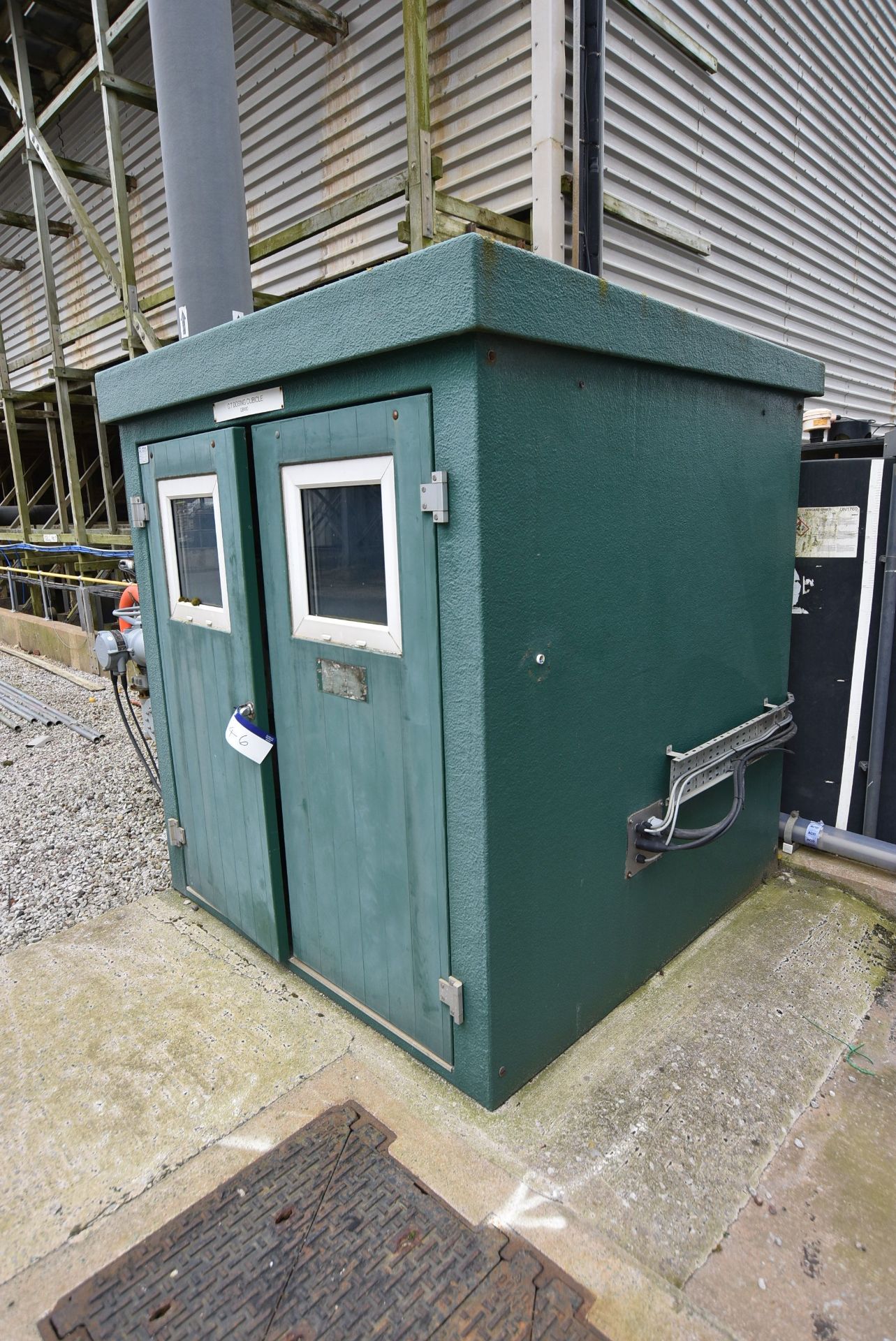 Morgan CD Dosing Cubicle, approx. 1.85m x 1.85m x 2.12m high, with residual equipment inside (