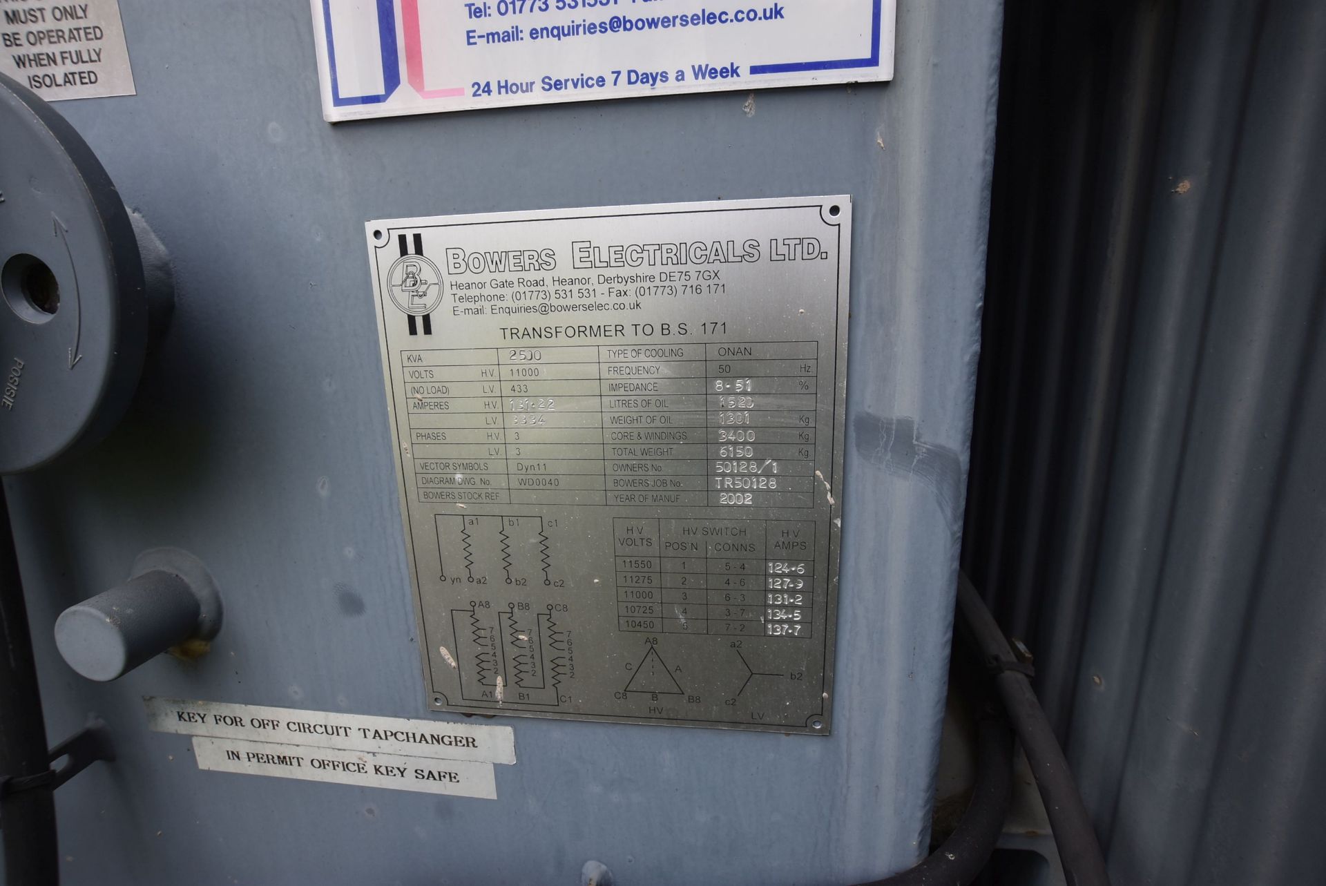 Bowers 2500kVA Oil Cooled Transformer, serial no. TR50128, year of manufacture 2002 (There will be a - Image 4 of 4