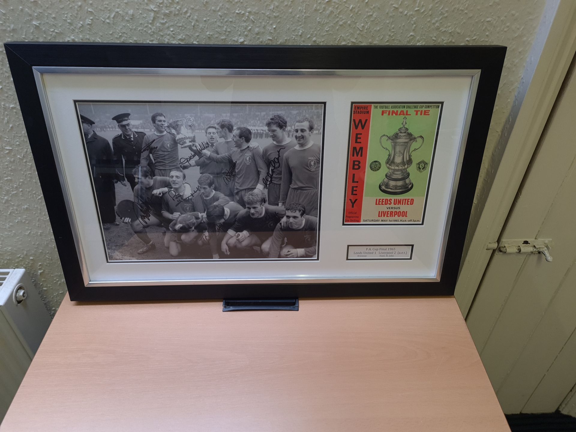 Signed Framed Photo & Match Programme - FA Cup Final 1965 Leeds v Liverpool (1-2 aet), 30" x 18.5"