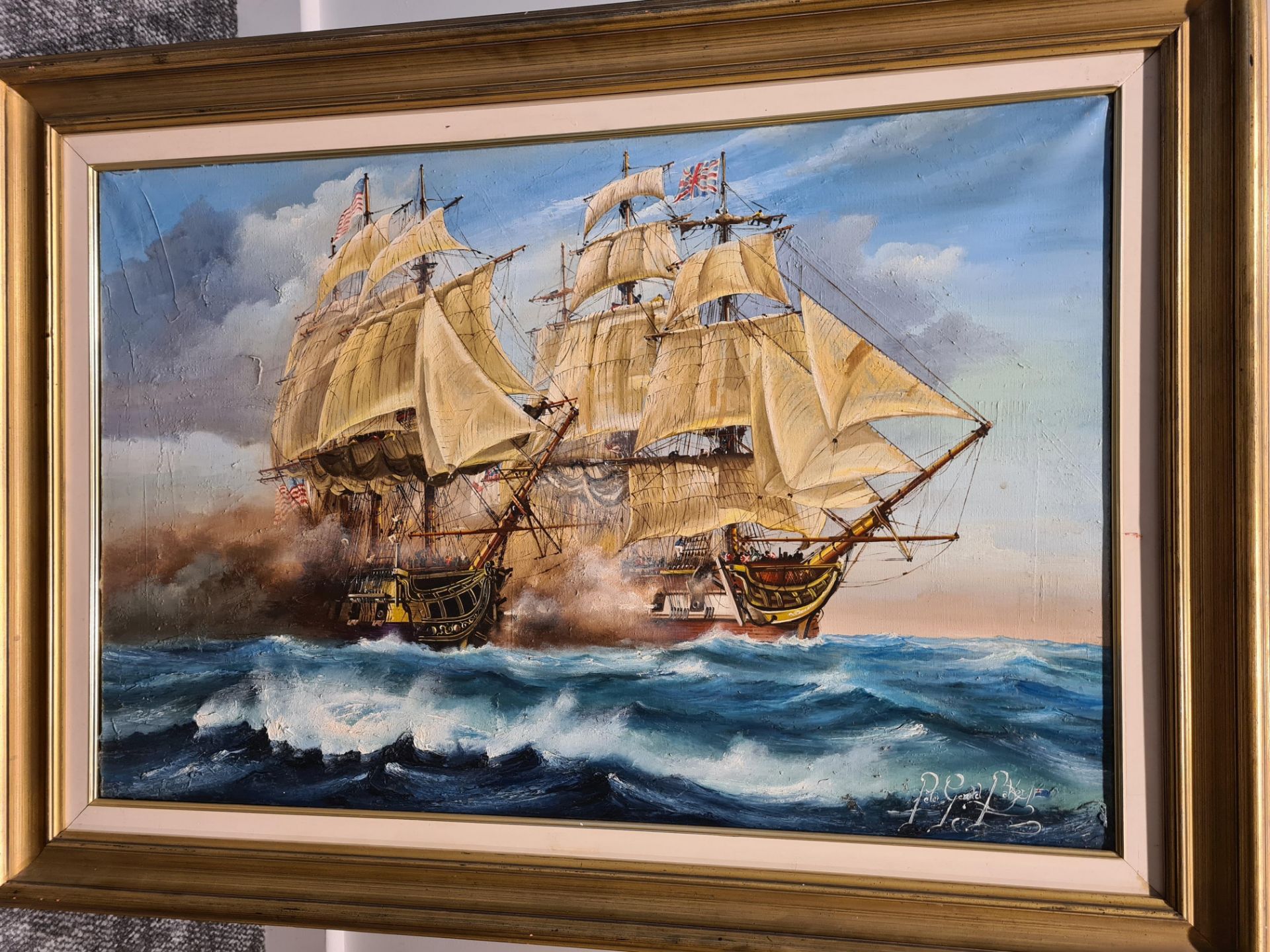 Signed and Framed Oil on Canvas Painting of Naval Battle By Pete Gerald Paker, 67cm x 92cm
