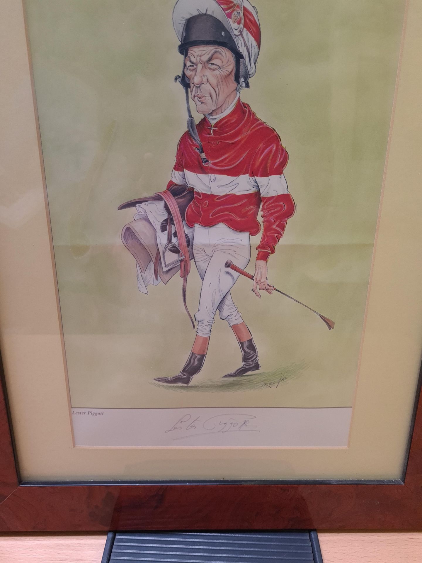 Signed Framed Watercolour Caricature of Lester Piggott, 35cm x 43cm - Image 2 of 3