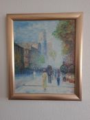 Signed Framed Oil on Canvas Street Scene, Leaning Tower of Piza, 60cm x 70cm