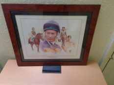 Signed Framed Limited Edition Print of Lester Piggott (192/495) by Gary Keane, 58cm x 48cm