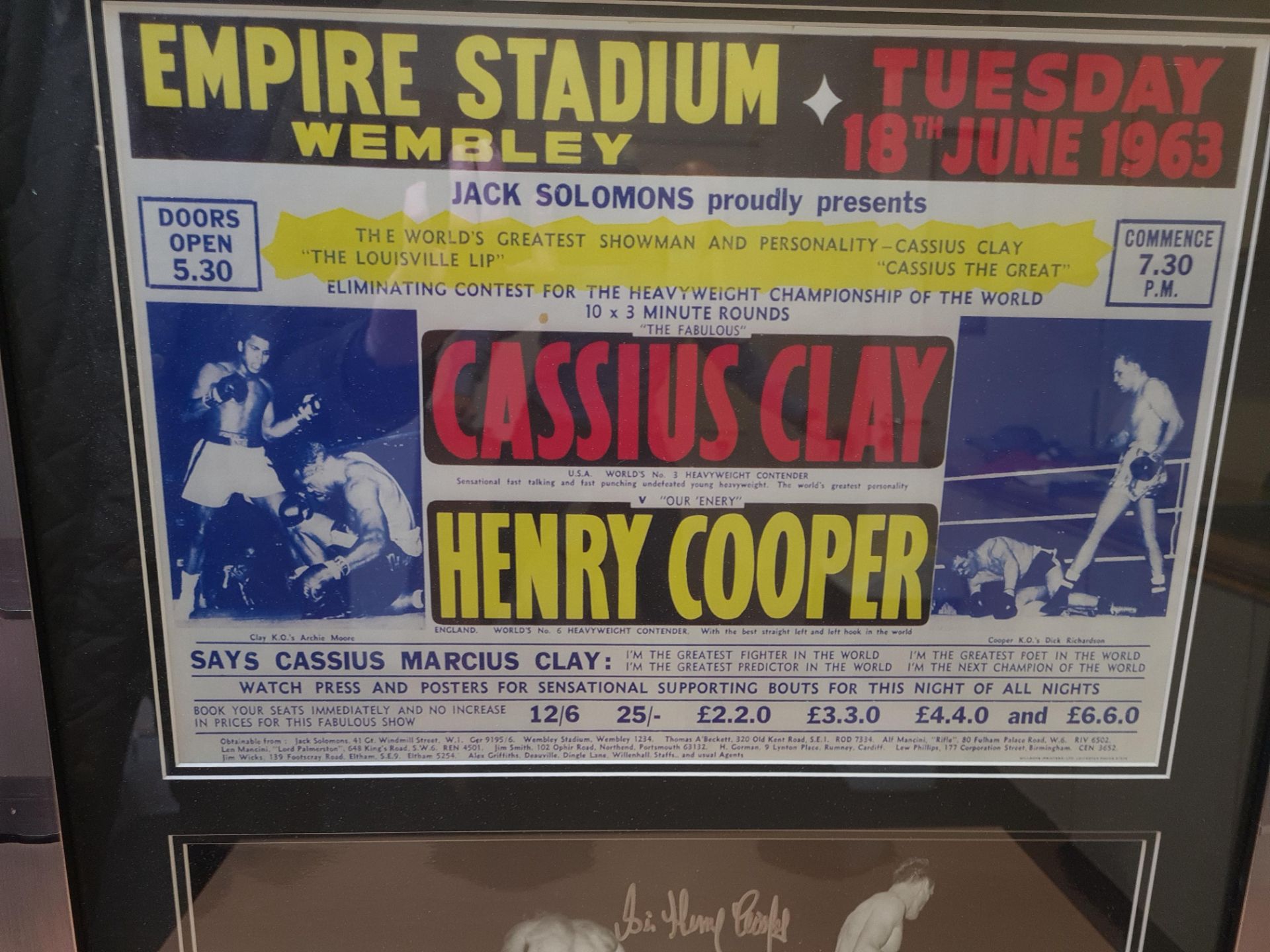 Signed Framed Photo & Advertising Flyer of Cassius Clay v Henry Cooper Fight 18/06/1963, signed by - Image 2 of 4