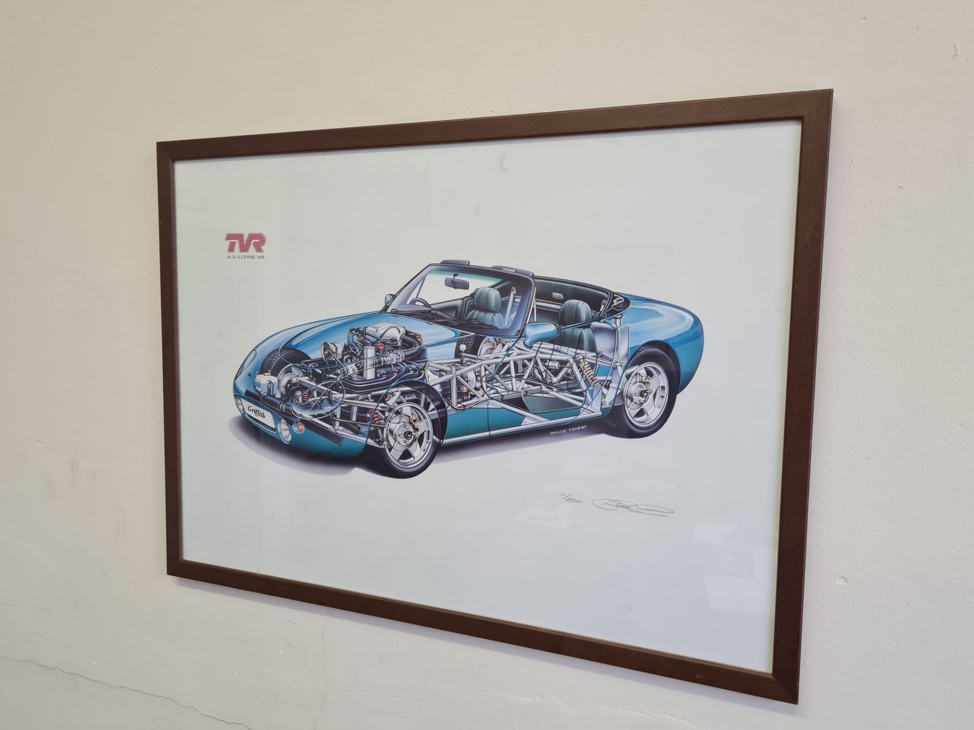 Signed Framed Limited Edition Print of TVR Griffith 4.3lt V8 (12/800) by Myles Talbot, 62cm x 45cm