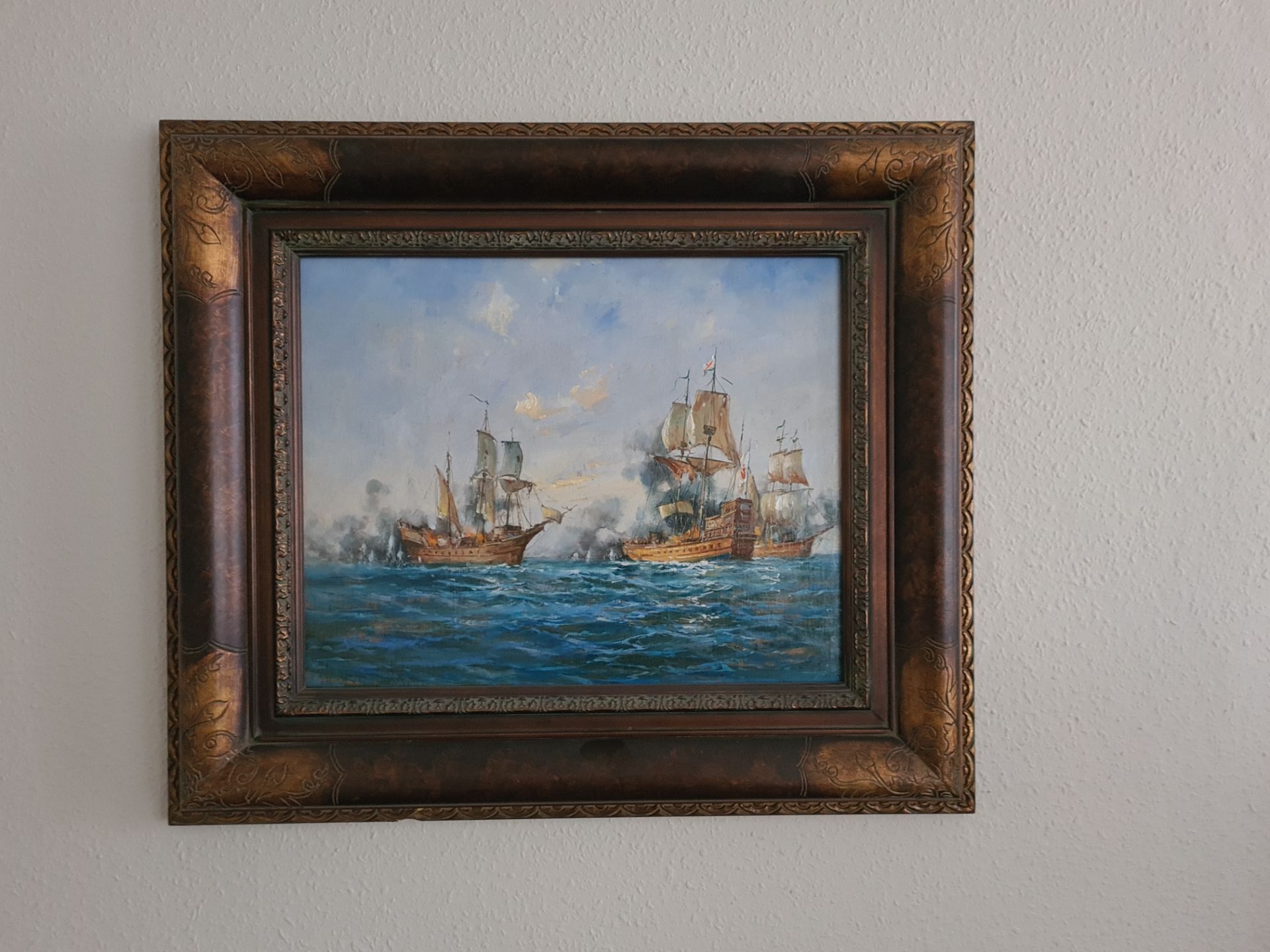Signed and Framed Original Oil on Canvas Painting of Sea Battle by A Webb, 64cm x 74cm