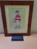 Signed Framed Watercolour Caricature of Lester Piggott, 35cm x 43cm