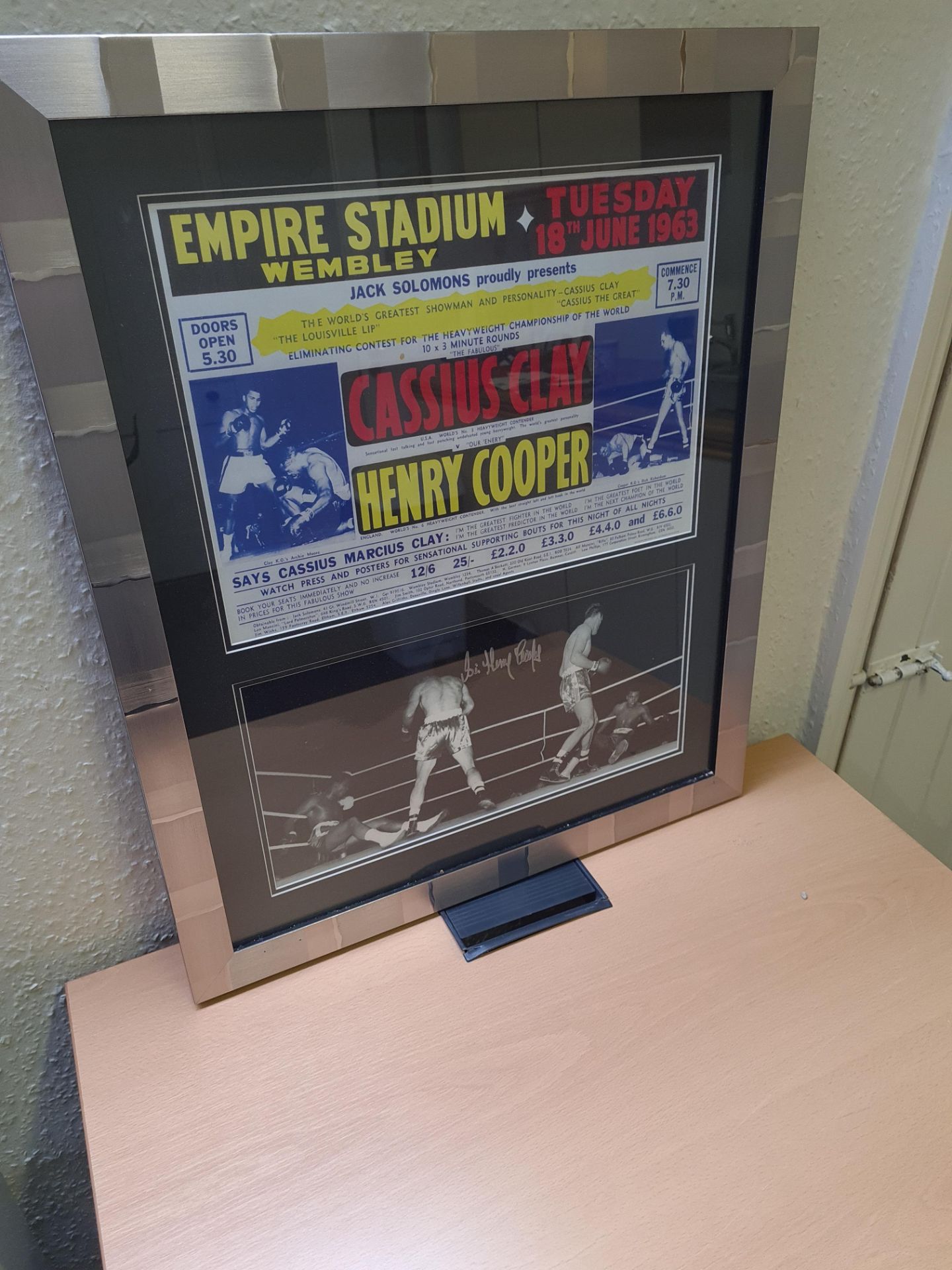 Signed Framed Photo & Advertising Flyer of Cassius Clay v Henry Cooper Fight 18/06/1963, signed by