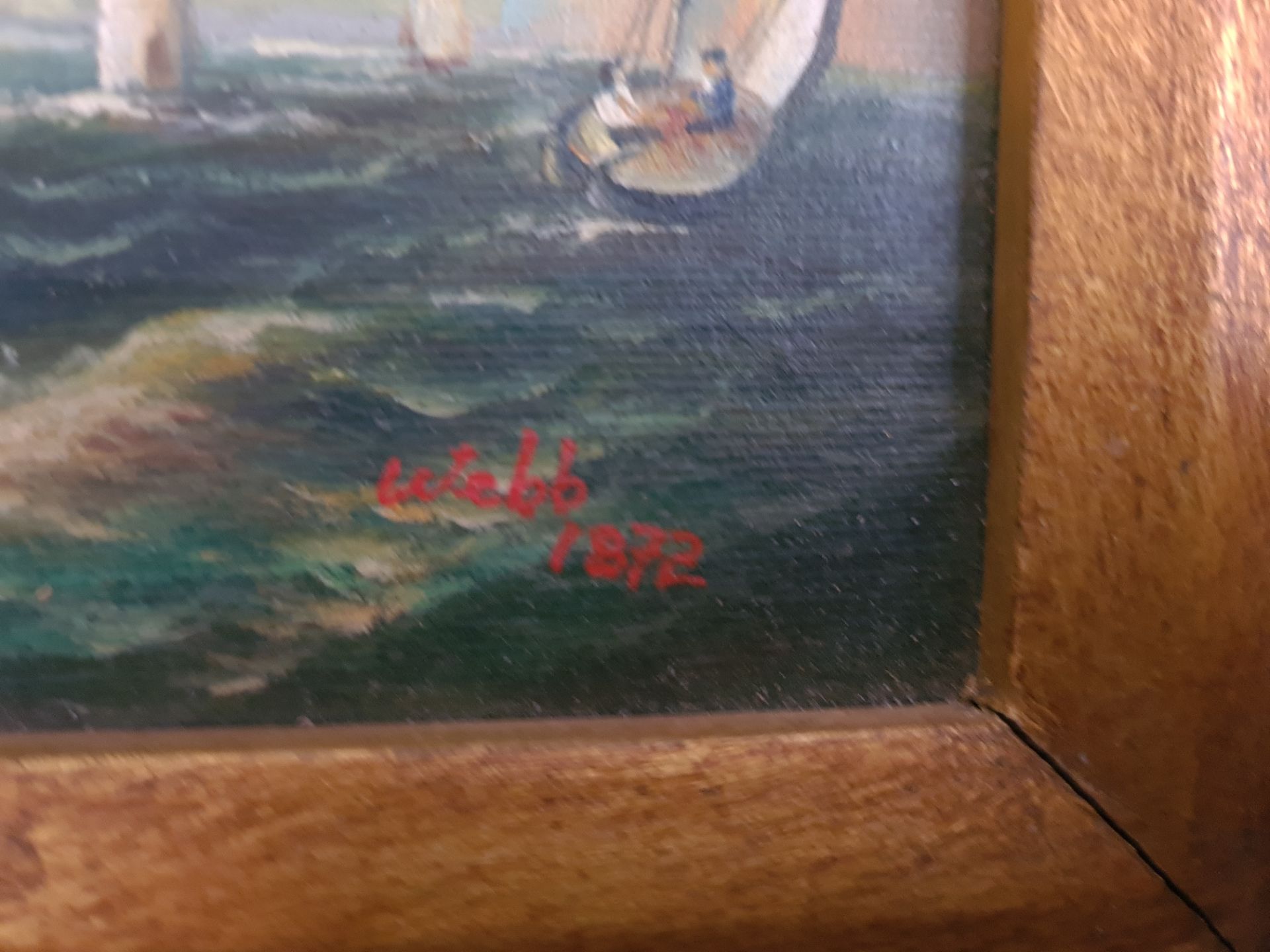 Signed Framed Oil on Canvas Nautical Scene by Webb (1876), 15" x 17.5" - Image 3 of 3