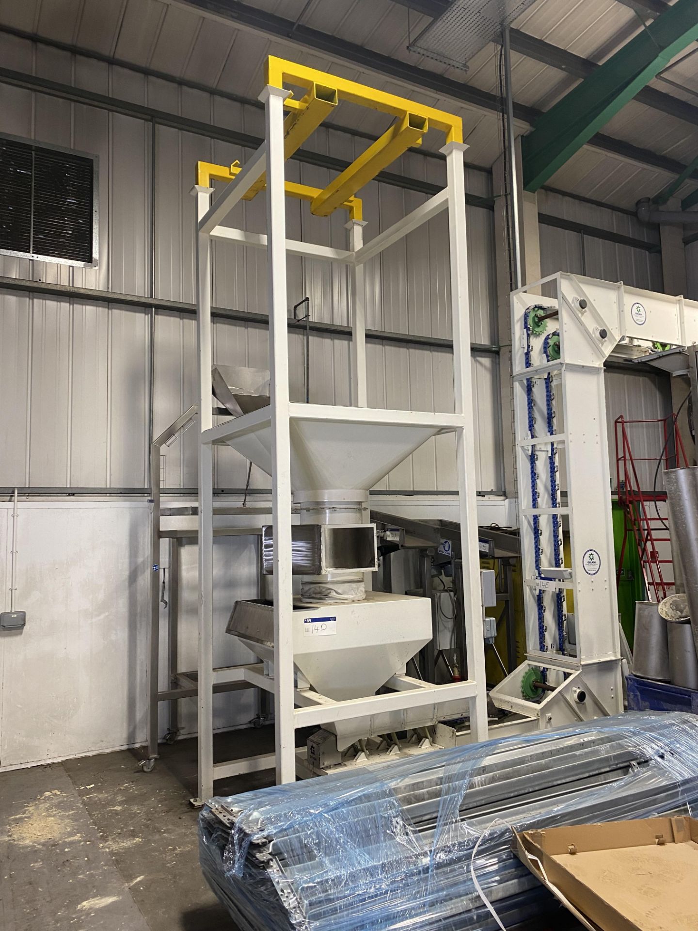 * BULK BAG DISCHARGE STAND, approx. 1.36m x 1.36m x 4.2m high overall, with fork lift bag lifting