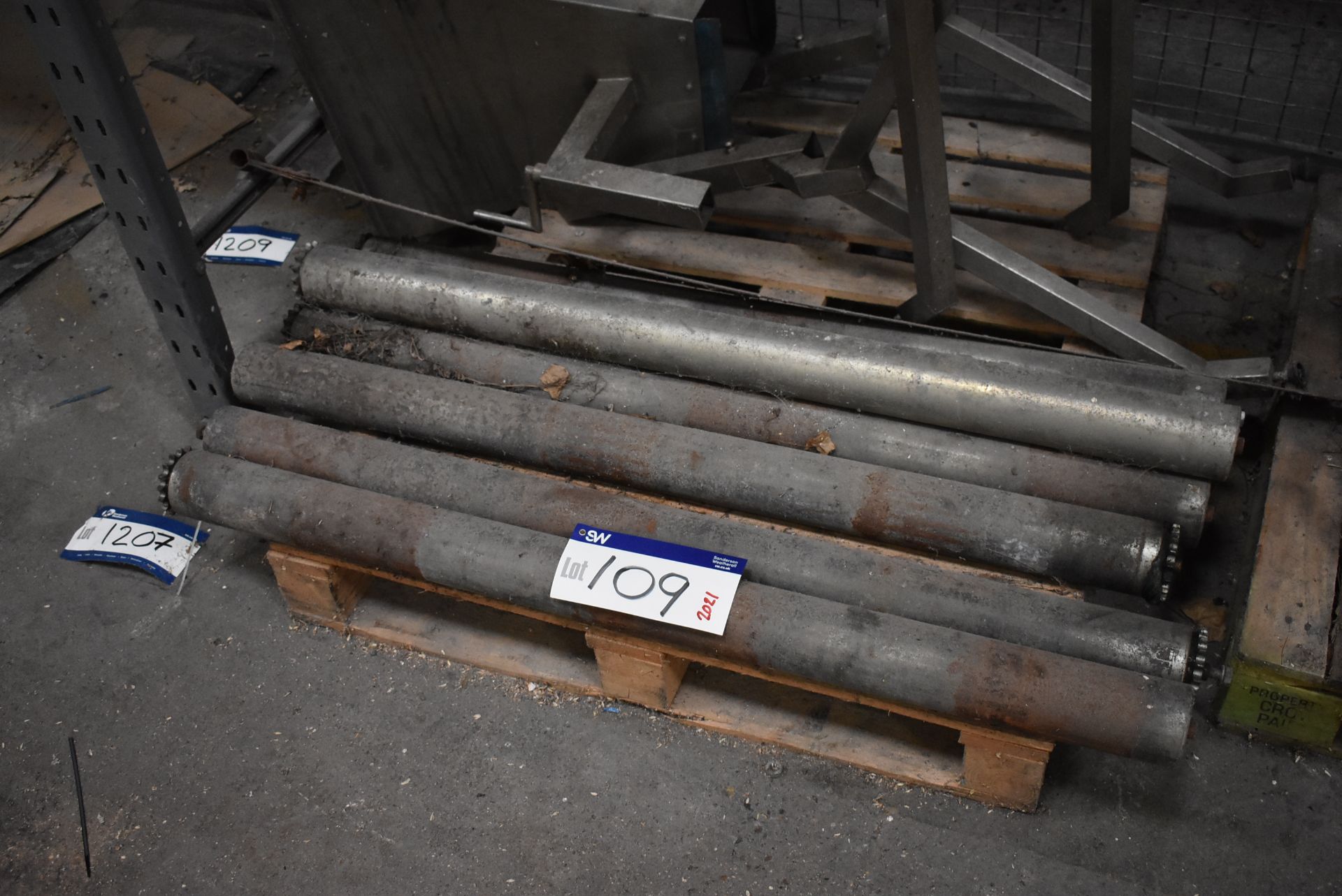 Seven Conveyor Rollers, each approx. 1245mm wide x 80mm dia. (Offered for sale on behalf of Jas
