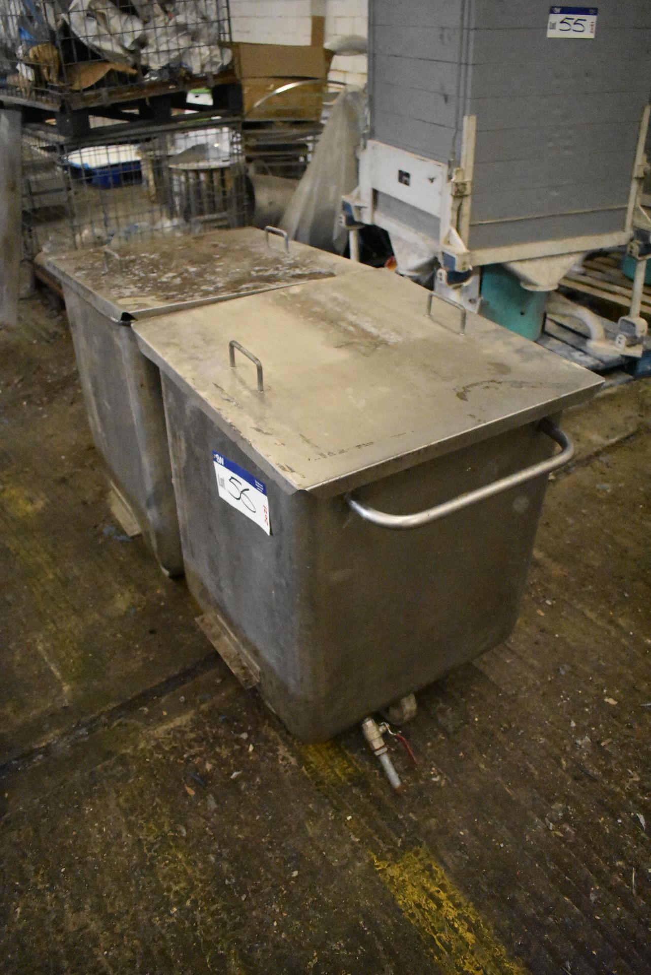 Two Stainless Steel Eurobins, each approx. 630mm x 630mm x 750mm deep, with lids (Offered for sale