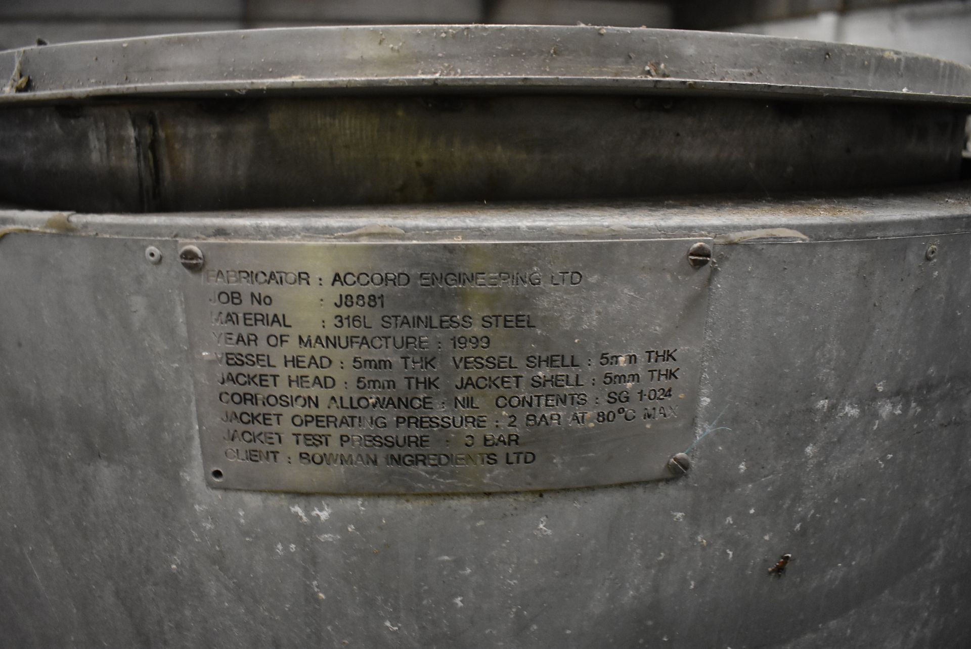 Accord Engineering 316L Stainless Steel Vessel, year of manufacture 1999, with jacket heating, - Image 4 of 4