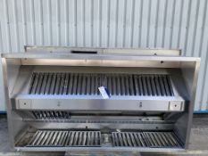 Two Stainless Steel Extraction Hoods, approx. 2.4m long x 1.3m/1.4m wide x 0.5m high, lift out