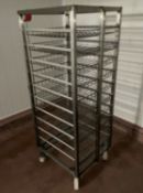 Two Stainless Steel Ten Tier Mobile Trolleys, approx. 1.6m high x 0.68m long x 0.6m wide, wire