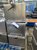 Three Stainless Steel Tote Bins, with bottom outlets, lift out charge - £15 Please read the