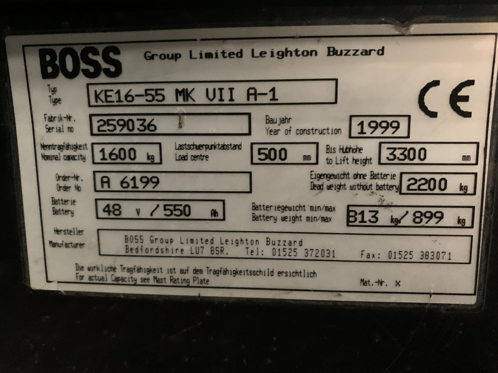 Boss KE16-55 Electric Fork Lift Truck, approx. 2.1m high x 3.2m long x 1.1m wide, lift out - Image 5 of 5