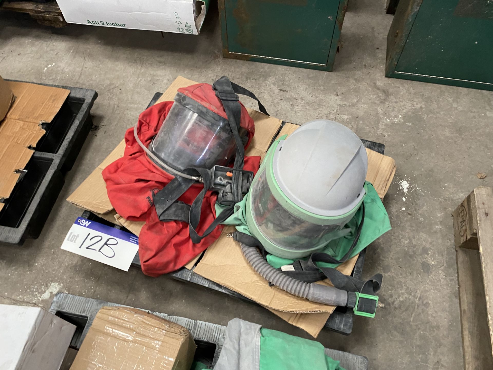 Two Shot Blasting Helmets, as set out on pallet