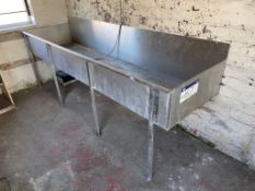 Stainless Steel Sink, approx. 2.5m x 700mm x 300mm deep, with steel legs (partially wall mounted)