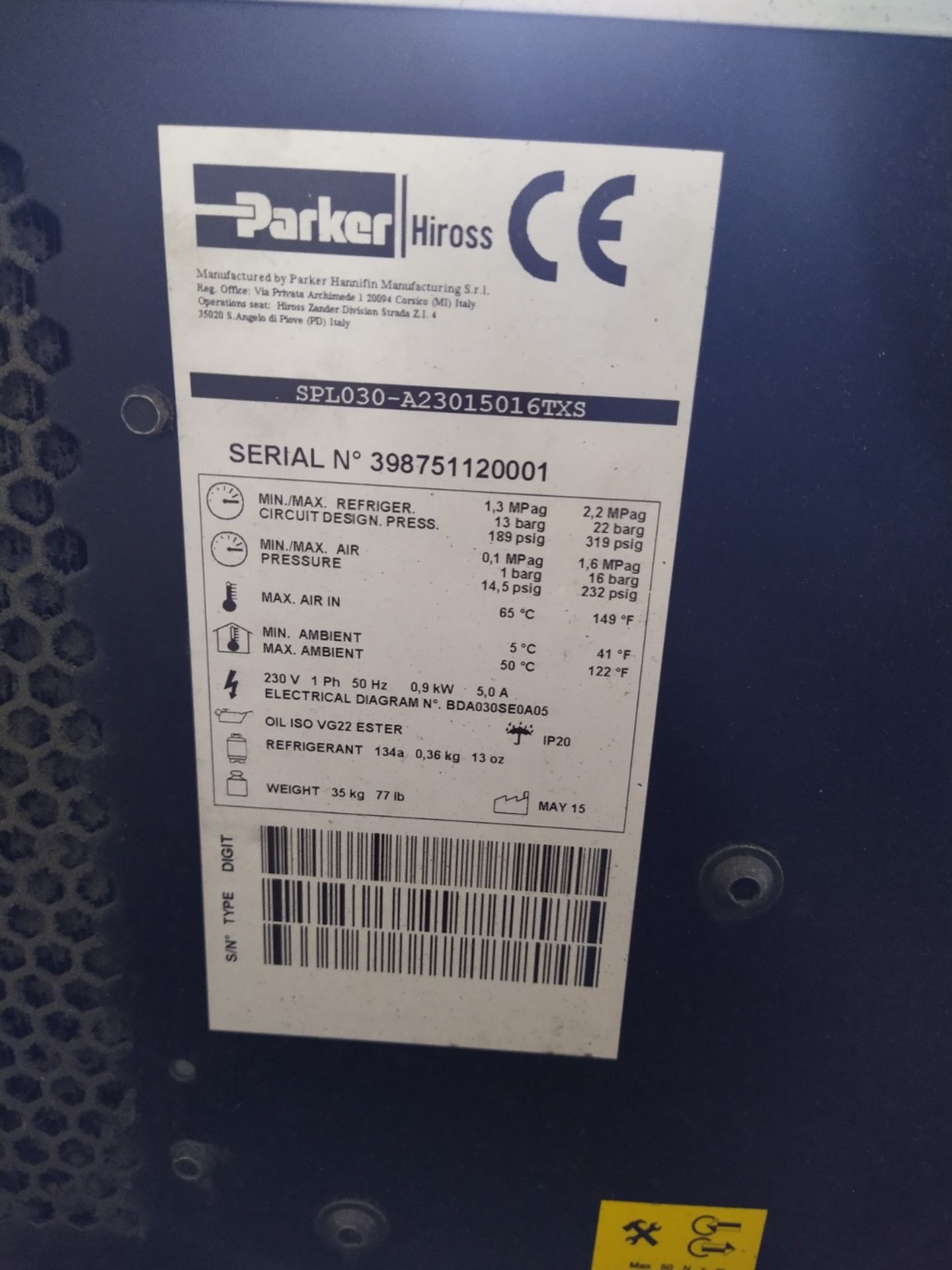 Parker Hiross SPL030-A23015016TXS Starlette Plus Dryer, serial no. 398751120001, free loading onto - Image 3 of 3