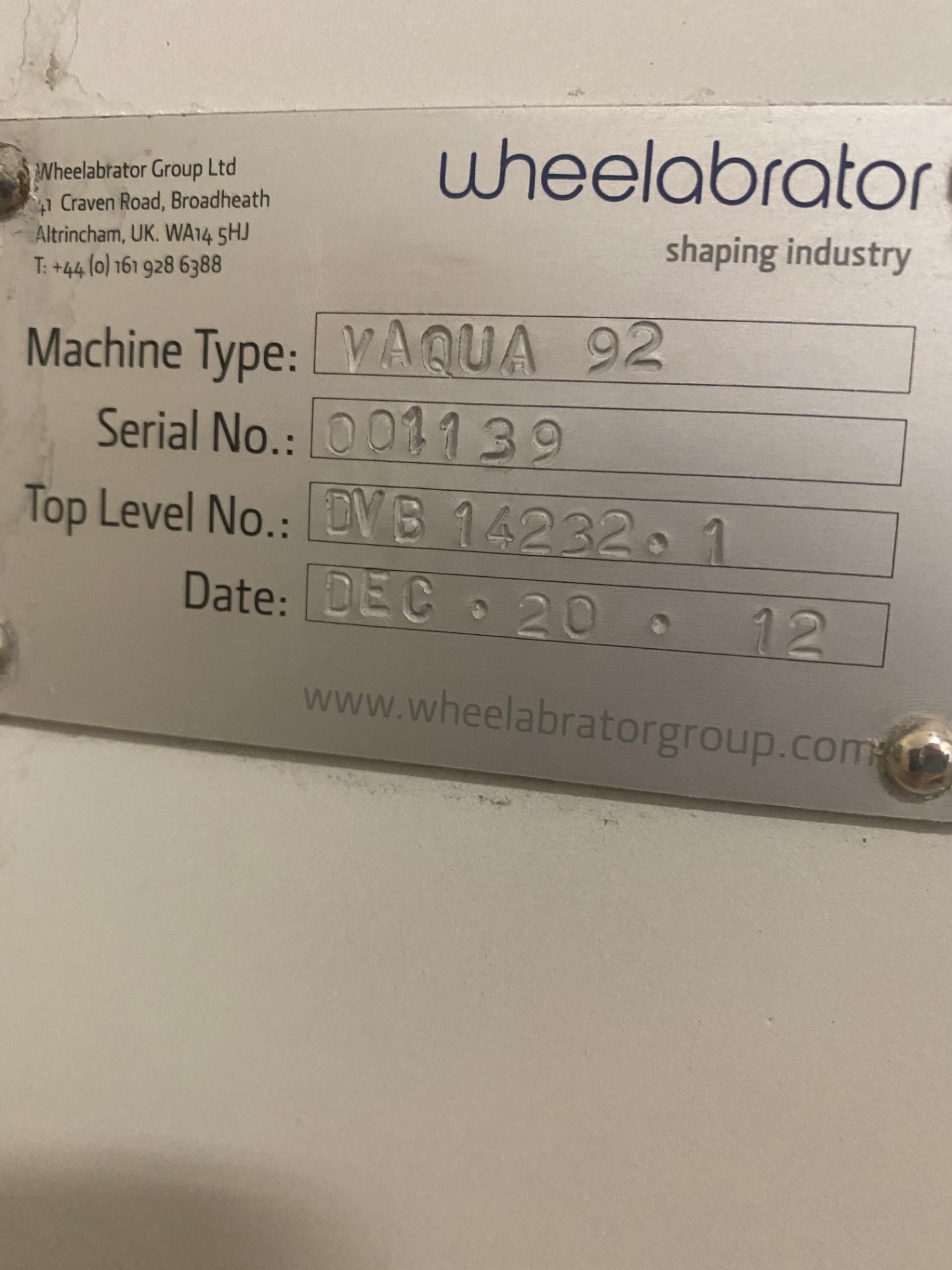 Wheelabrator Vaqua 92 Wet Blast Cabinet, serial no - Image 3 of 3