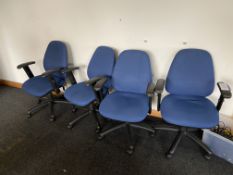 Four blue fabric swivel office chairs Please read the following important notes:-Collections will