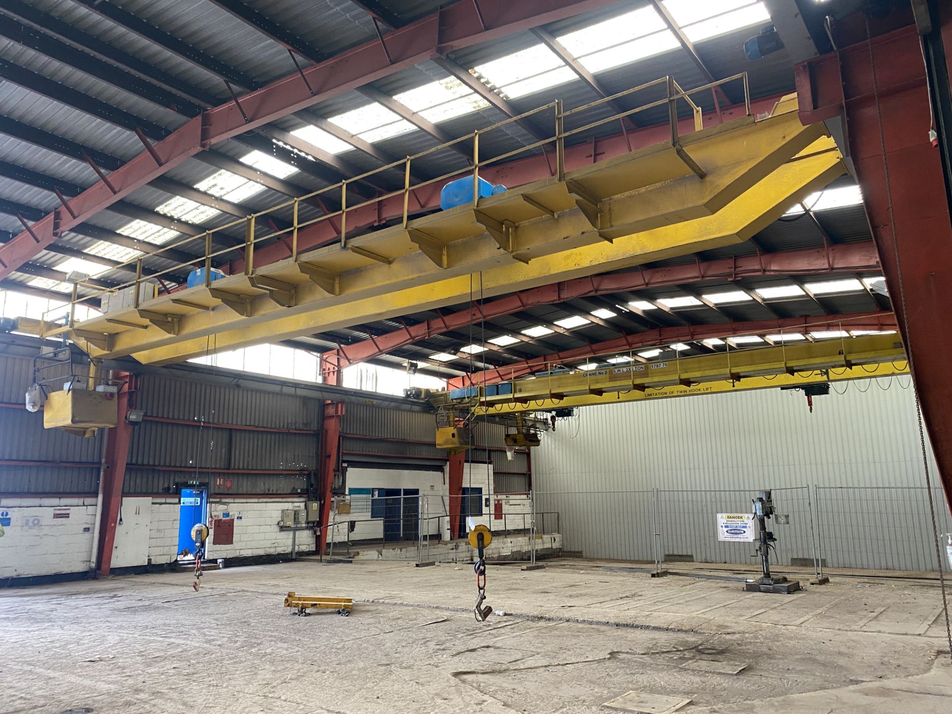 2 X 5T SWL TWIN GIRDER TRAVELLING OVERHEAD CRANE, reference no. CE212, approx. 18m span, with two