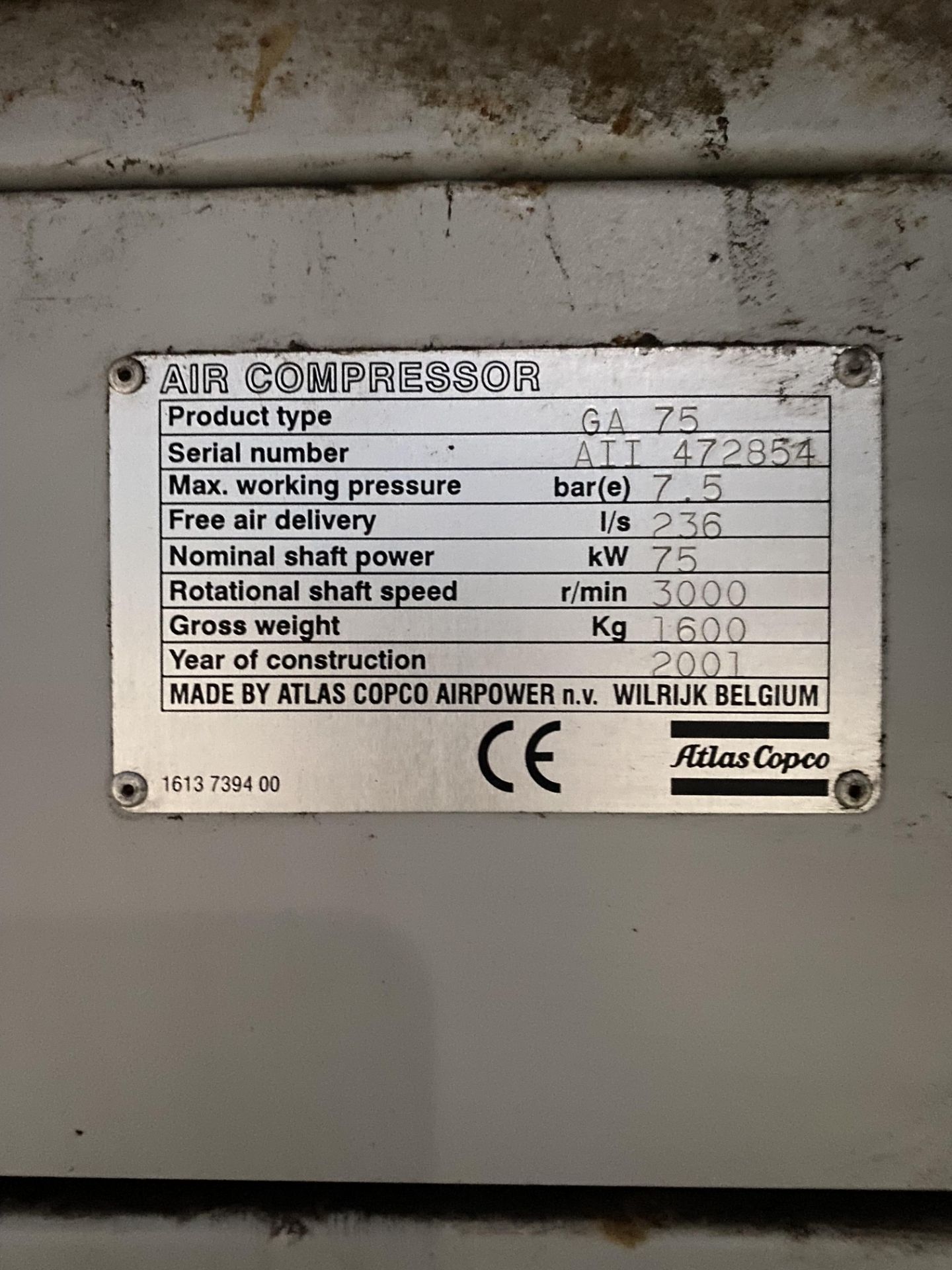 Atlas Copco GA75 PACKAGE AIR COMPRESSOR SET, serial no. A11472854-4, equipment no. 9928Please read - Image 6 of 7