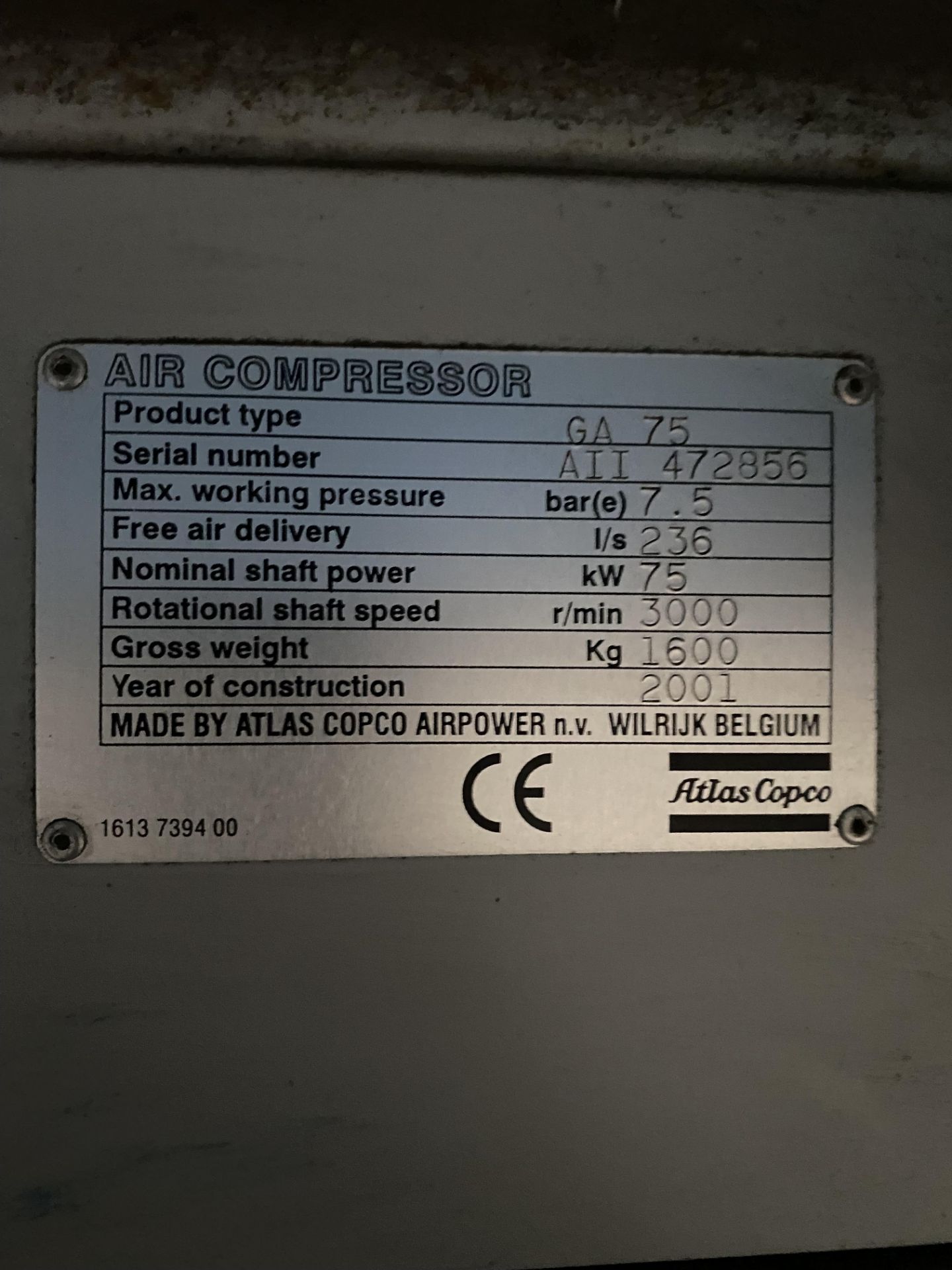 Atlas Copco GA75 PACKAGE AIR COMPRESSOR SET, serial no. A11472856-2, equipment no. 9926Please read - Image 6 of 6