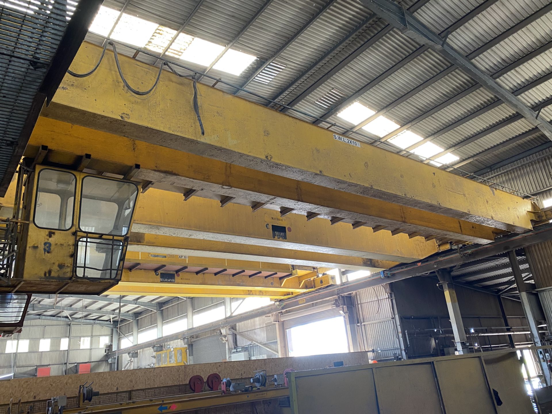 2 x 10,000kg SWL TWIN GIRDER TRAVELLING OVERHEAD CRANE, (incomplete, no carriages or winches),