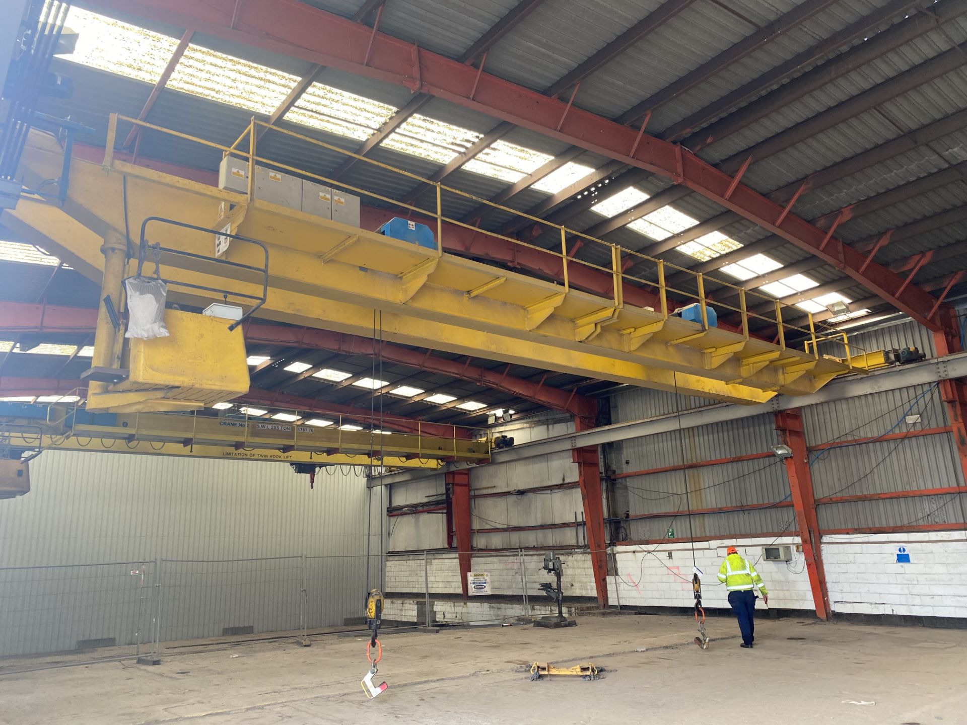 2 X 5T SWL TWIN GIRDER TRAVELLING OVERHEAD CRANE, reference no. CE212, approx. 18m span, with two - Image 2 of 7