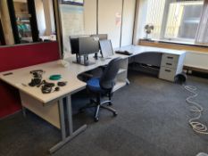 Two Light Grey L Shaped Desks, with two light grey three drawer pedestals, light grey two tier