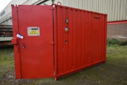 Steel Flammables Storage Unit, approx. 3m x 2.45m x 2.6m high, with contentsPlease read the