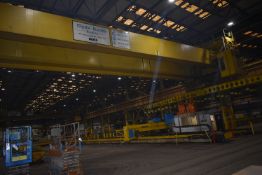 NEI Twin Girder 15 ton SWL Overhead Travelling Crane, with 15,000kg magnetic material handling beam,