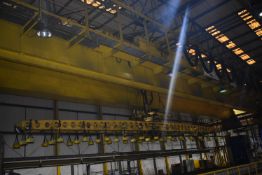 NEI Twin Girder 15 ton SWL Overhead Travelling Crane, with 15,000kg magnetic material handling beam,