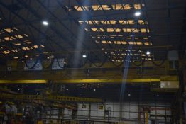 NEI Twin Girder 9 ton SWL Overhead Travelling Crane, with Boxmag Rapid 5,000kg magnetic material