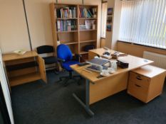 Light Oak Veneered L Shaped Desk, with light oak veneered three drawer and two drawer pedestal,