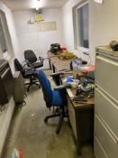 Contents of Office, including three pedestal desks, three fabric upholstered swivel chairs, two