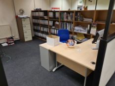 Four Light Oak Veneered L Shaped Desks, with four light oak veneered and one light grey three drawer