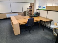 Four Oak Veneered Desks, with four light oak veneered four tier shelving units, two light oak