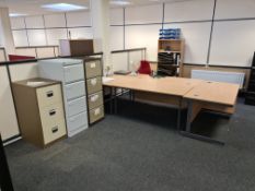 Four Light Oak Veneered Desks, with three x four drawer filing cabinets, three drawer filing