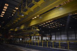 NEI Twin Girder 9 ton Overhead Travelling Crane, with Boxmag Rapid 5000kg magnetic material handling