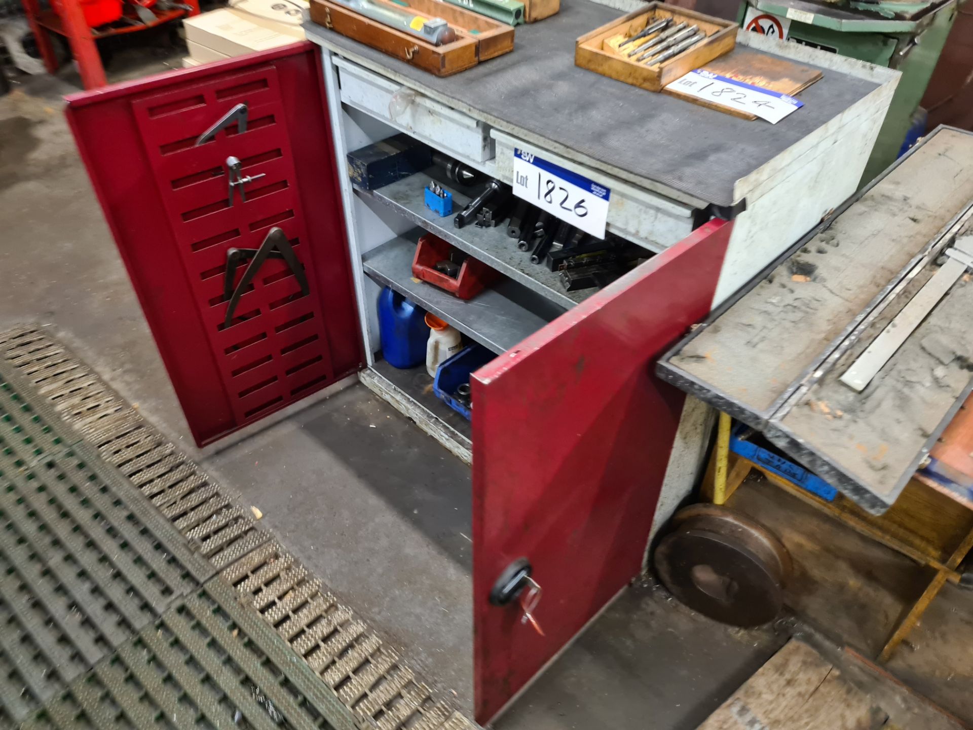 Two Door Metal Cabinet & Contents, includes cutting tools, drill chucks, and sleevesPlease read