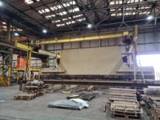 Single Girder 4 ton SWL Overhead Travelling Crane, with two King chain hoists, approx. 10m long,