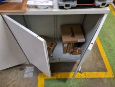 Two Double Door Metal Cabinets & Contents, including safety RCD adapters and Starrett Duratec SFB