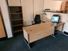 Four Light Oak Veneered Desks, with light oak veneered four tier and two tier shelving unit and