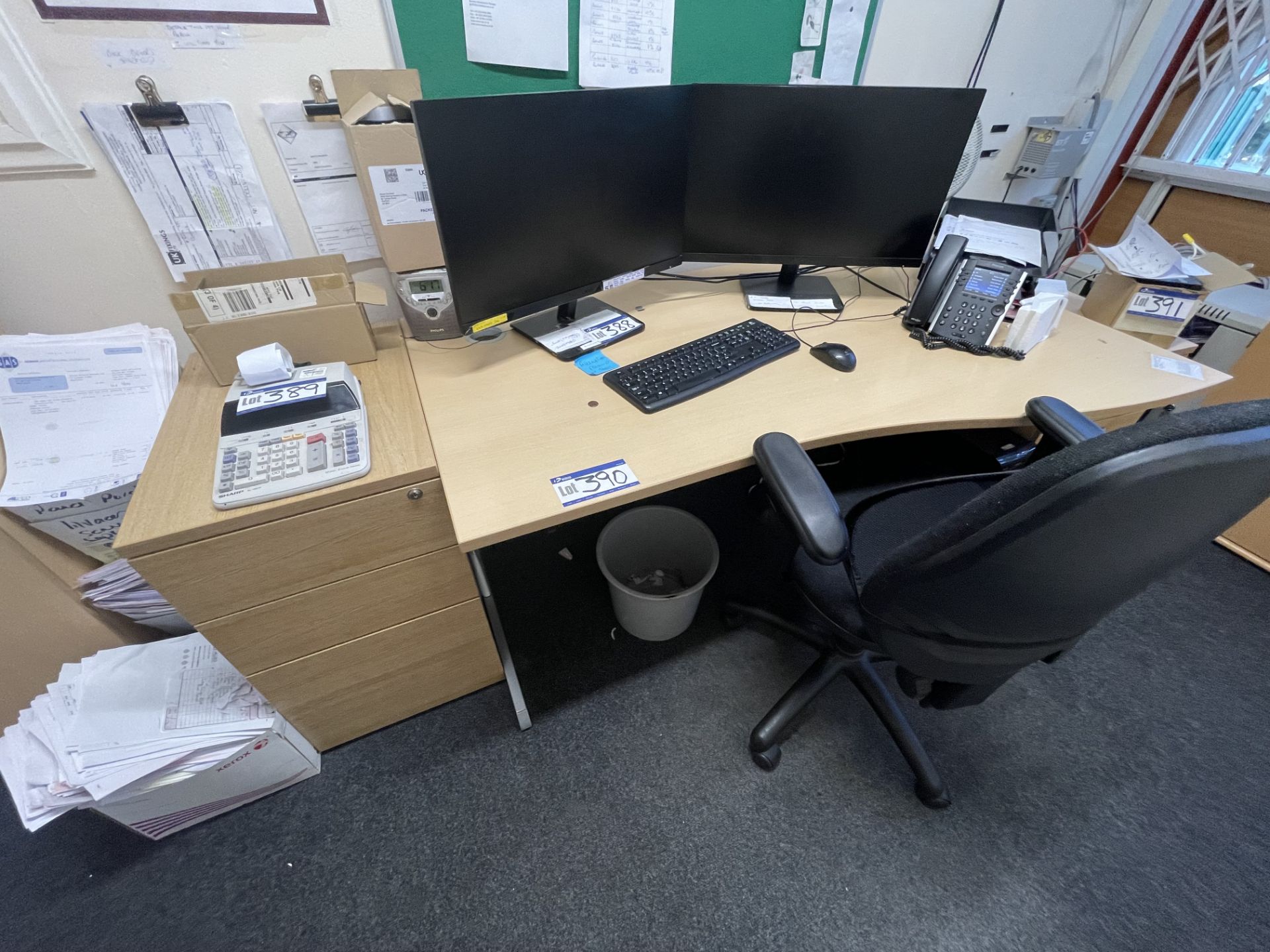 Light Oak Veneered Curved Front Cantilever Framed Desk, with two desk pedestals, fabric